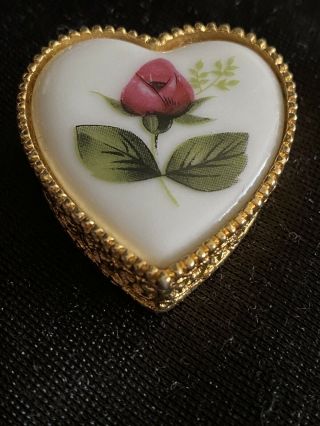 Vintage Gold Tone Pill Box,  Heart Shape With Rose