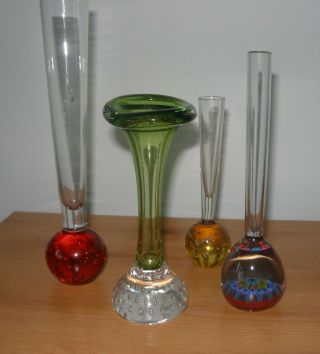 4 X Vintage Art Glass Bud Vases - Controlled Bubble And One Millefiori