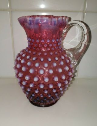 Htf Fenton Cranberry Hobnail Pitcher Vase Art Glass Opalescent