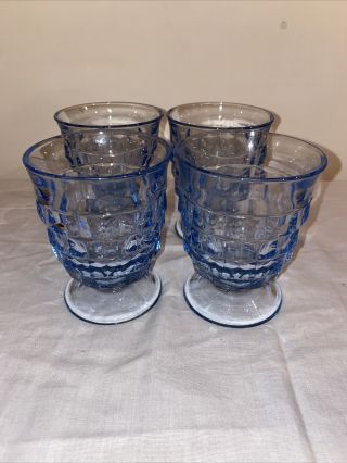 4 Vintage Whitehall Colony Indiana Glass Blue Juice Footed Cube Glass 4.  25”