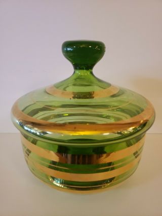 Vintage Green Gold Striped Glass Lidded Candy Jar Bowl Dish