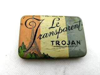 Vintage Le Transparent Trojan Prophylactic Rubber Tin Paris French Paper Inserts