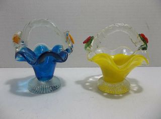 Vintage Italian Art Glass Baskets Set Of 2 Yellow Blue
