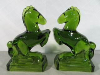 Vintage L.  E.  Smith Green Glass Rearing Horse Bookends