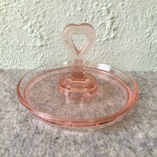 Vintage Pink Depression Glass Art Deco Heart Handle Tidbit Tray Serving Dish