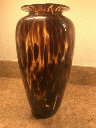 Large Vintage Hand Blown Art Glass Amber Leopard Tortoise Shell 13 1/2 " Vase