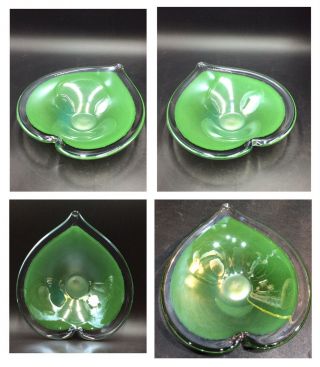 Murano Glass Heart Shaped Dish Emerald Green Encased In Clear Glass