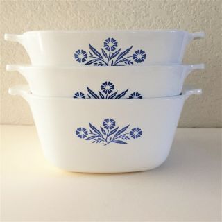 3 Vintage Corning Ware Casserole Dishes Blue Cornflower 1 Qt,  1 - 1/2 Qt,  1 - 3/4 Qt