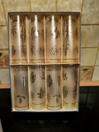 Vtg Hostess Set Glassware By Libbey Box Set Of 8 Tumblers Frosted Silver Foliage