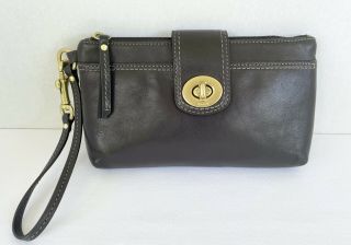 Coach Vintage Black Leather Turnlock Wristlet Bag Clutch Handbag Phone Wallet