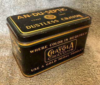 Vintage An - Du - Septic Dustless Crayon Chalk Metal Tin W/ Lid Reg Crayola Crayons