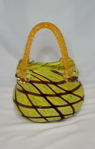 Murano Style Hand Blown Art Glass,  Yellow And Red Purse Vase Happy Mothers Day ❤
