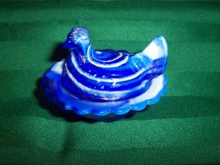Vintage Mosser 2 " 3/8 Blue Slag Glass Hen On Nest Miniature Salt Dip/cellar