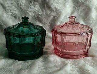 Vintage Indiana Glass Teal Green & Pink Concord Octagon Lidded Candy/powder Jar