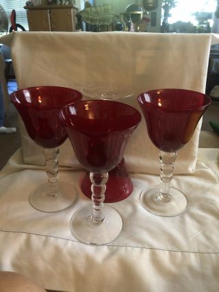 4 Vintage Ruby Red Ball Stem Glass Wine/water Goblets