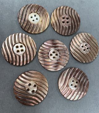 7 Vintage Mother Of Pearl/abalone Shell Wavy - Carved 4 Hole Large 1 3/8” Buttons