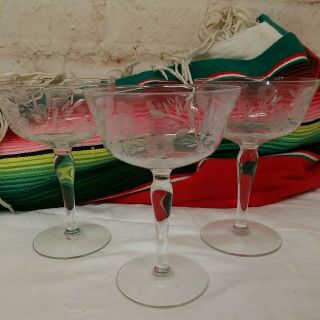 3 Vintage Etched Crystal Champagne Coupe Glasses Dot Flower 5 3/4 "