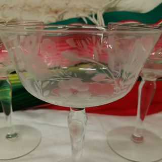 3 Vintage Etched Crystal Champagne Coupe Glasses Dot Flower 5 3/4 