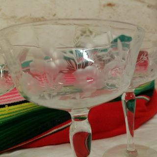 3 Vintage Etched Crystal Champagne Coupe Glasses Dot Flower 5 3/4 