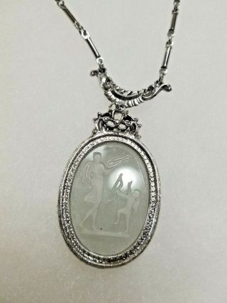 Signed Vintage Intaglio Glass Cupid Cameo Necklace Or Pendant Silver Color