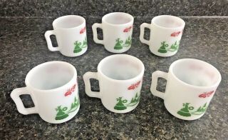 Set Of 6 Vintage Hazel Atlas Milk Glass Egg Nog Cups Mugs Christmas Scene
