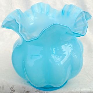 Vintage Fenton Glass Blue Overlay On White Melon Ruffled Rim Rose Bowl Vase 6 "