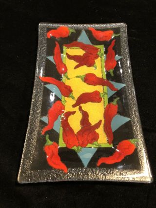 Vintage Peggy Karr Signed Fused Art Glass Dish Plate Tray Chili Peppers
