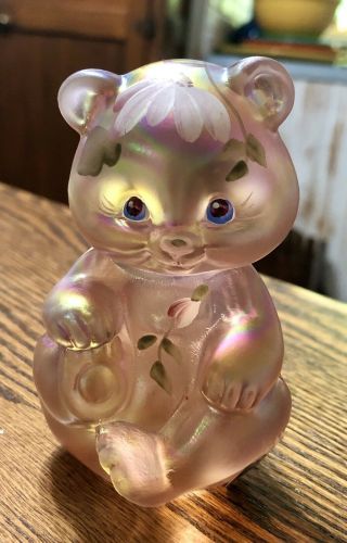 Fenton Pink Iridescent Glass Bear Figurine “hugs For You” Signed.  Hand - Painted