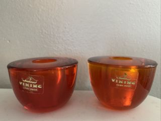 Vintage Viking Glass With Stickers Persimmon Orange Candle Holder Pair