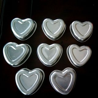 Set Of 8 Vintage Aluminum Heart Shaped Mini Cake Jello Tart Soap Molds Tin