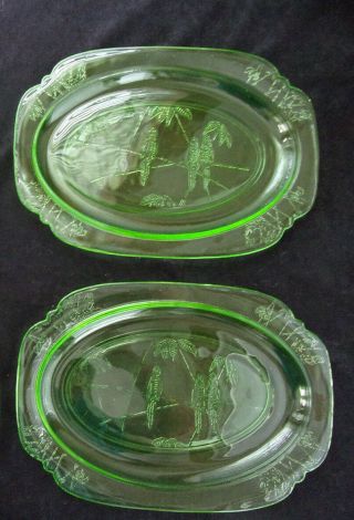 2 Depression Glass Green Uranium Sylvan Parrot 11 - 1/4 " Oval Serving Platters