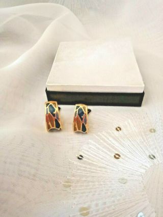 Vintage Blue Brown Enamel Gold Tone Clip On Earrings,  Signed