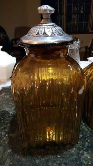 Square Amber Glass Canister,  Jar Handcrafted In Mexico,  Fluted 9 " Lid