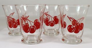 Set Of 4 Vtg 1950s Glass Swanky Swig Juice Glasses Red Cherry Cherries Mcm