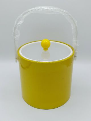 Vintage Retro Yellow Plastic Ice Bucket Clear Acrylic Handle Lid W/ Yellow Knob