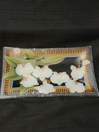 Peggy Karr Fused Art Glass Tray Orchids Signed By Artist Platter Flowers Plate