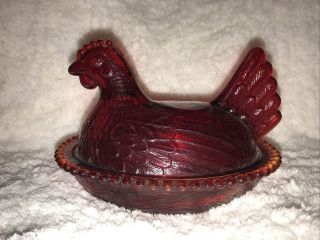 Vintage Indiana Glass Hen On Nest Red Chicken Candy Dish Bowl 7”x5”