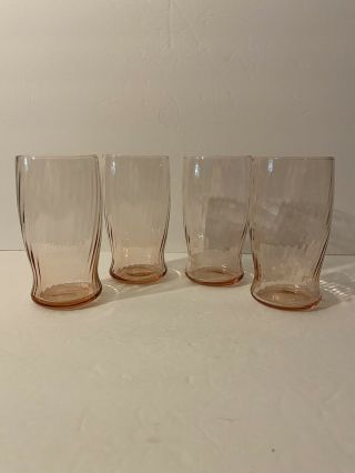 Vintage Set Of 4 Pink Depression Glass Cups Spiral Swirl Tumblers Glasses 5 1/4”