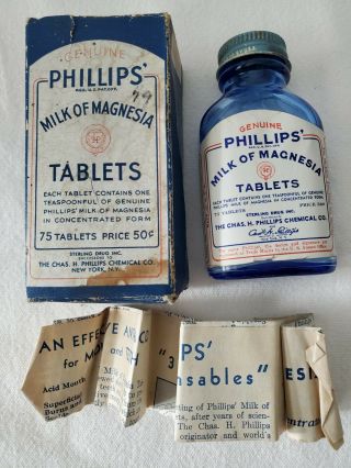 Vintage Phillip’s Milk Of Magnesia Tablets Blue Glass Bottle