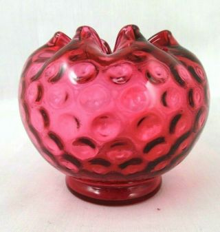 Vintage Fenton Cranberry Optic Coin Dot Footed Crimped Rim Rose Bowl Vase