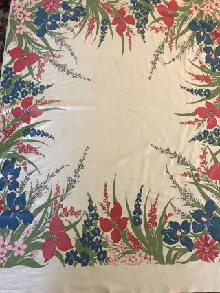 Vintage Mid Century Printed Tablecloth Blue & Pink Floral Design 4’4”x 3’8”.