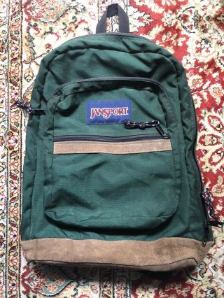 Vintage 90s Jansport Green Leather Bottom Backpack