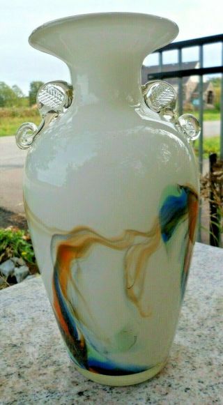 Snowflakes Vase China Art Glass White W/ Blue Orange Brown Swirl 8 " Hand Blown