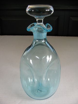 Mcm Vintage Blenko Glass Turquoise Pinched Decanter 49 W/replacement Stopper