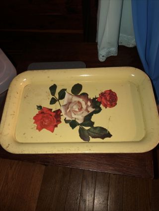 Vintage Yellow Tin Metal Tray Red White Roses Flowers Rectangular Serving Tray