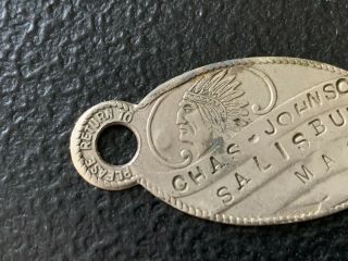 Vintage Key Ring Check Fob NATIVE AMERICAN INDIAN - CHAS JOHNSON SALISBURY,  MA. 2