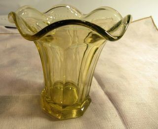Antique Pale Canary Vaseline Uranium Glass Ruffled Vase Depression Glows Fluted