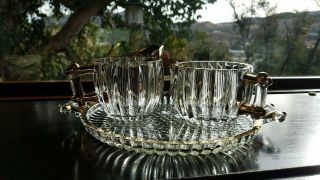 Beaded/cut - Glass Creamer/sugar/bowl W/ Handled Plate Set Of 4 Gold - Rimmed Vint.