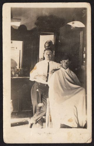 Silent Barber Shop Chair Stare Men Scissors Haircut 1910s Vintage Photo