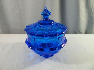 Fenton Blue Glass Valencia Pattern Covered Candy Dish